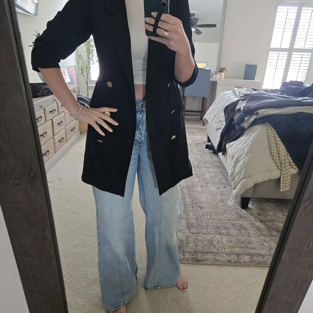Apricot Black Double-Breasted Long Blazer
